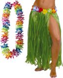Merkloos / Sans marque Bol Hawaii verkleed hoela rokje en bloemenkrans met led - volwassenen - groen - tropisch themafeest