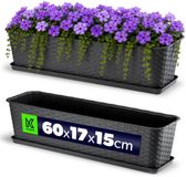 KADAX Balkonpot met onderzetter, plantenbak, balkonbak met wateropeningen, bloembak voor rozen, oleander, imitatie rotan (60 cm, antraciet)