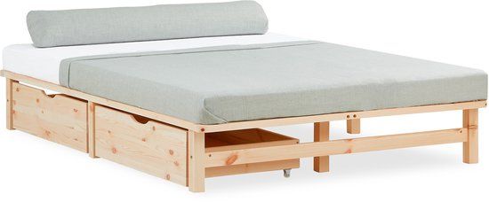 Homestyle4u 2286 Houten Bed Palletbed 140x200 cm 2 Laden Bedframe met Lattenbodem Natuur Grenen Massief Hout