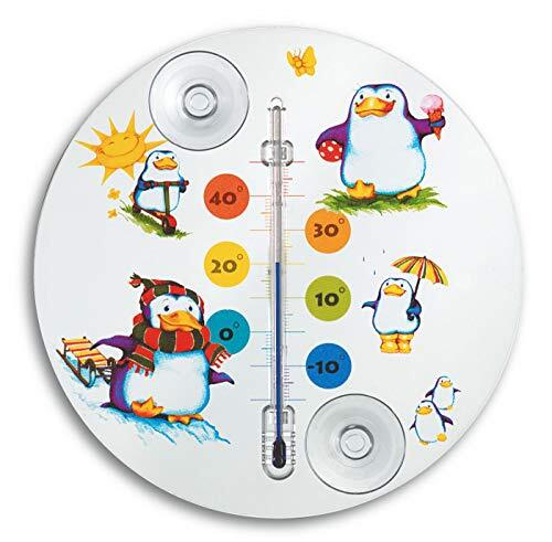 TFA Pinguin analoge raamthermometer, 14.6016.02, ideaal voor de kinderkamer, eenvoudige montage met zuignappen