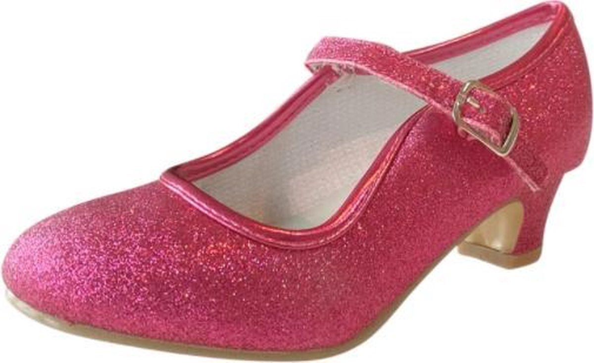 Spaanse Prinsessen schoenen fuchsia roze glitter maat 35 - binnenmaat 22,5 cm - kunstleer