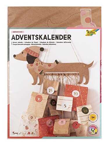 Folia 9382 9382 adventskalenderset Sausage Dog, 54-delige doe-het-zelf-knutselset voor het maken van een individuele adventskalender voor hondenliefhebbers, meerkleurig