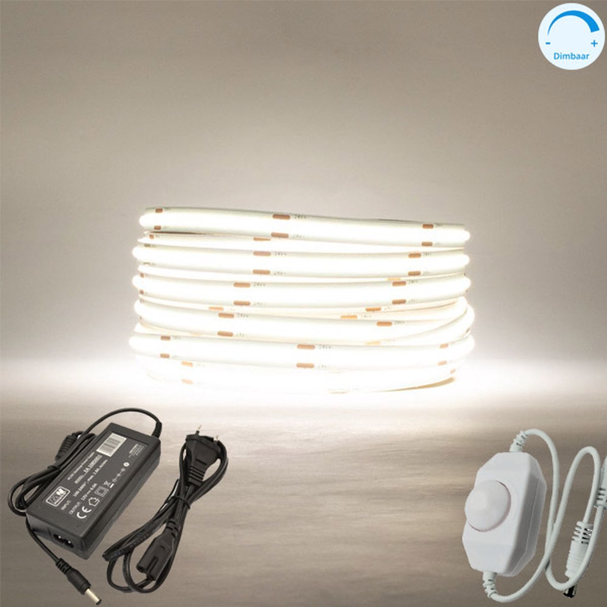 DiamantLED LED Strip COB - 5 Meter - Complete set - 6000k - koud wit - 320LED/m - Met handmatige dimmer