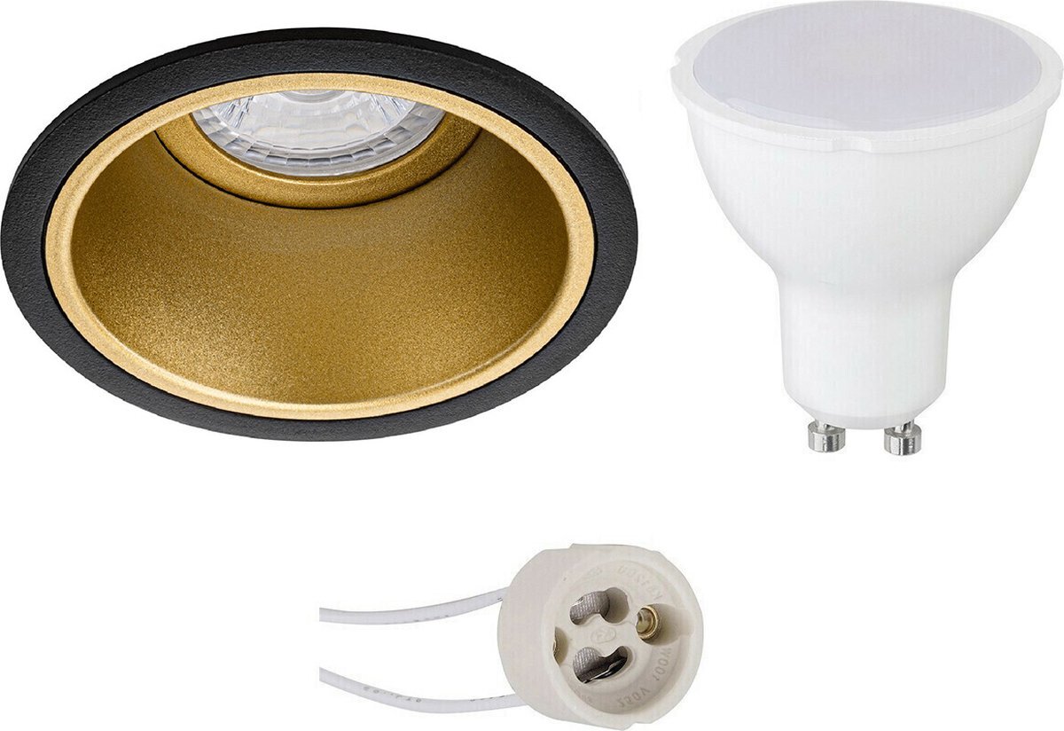 Qualu LED Spot Set - Proma Minko Pro - GU10 Fitting - Dimbaar - Inbouw Rond - Mat Zwart/Goud - 6W - Helder/Koud Wit 6400K - Verdiept - Ø90mm