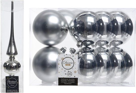 Decoris Kerstboom decoratie zilver piek en 12x kerstballen 10 cm