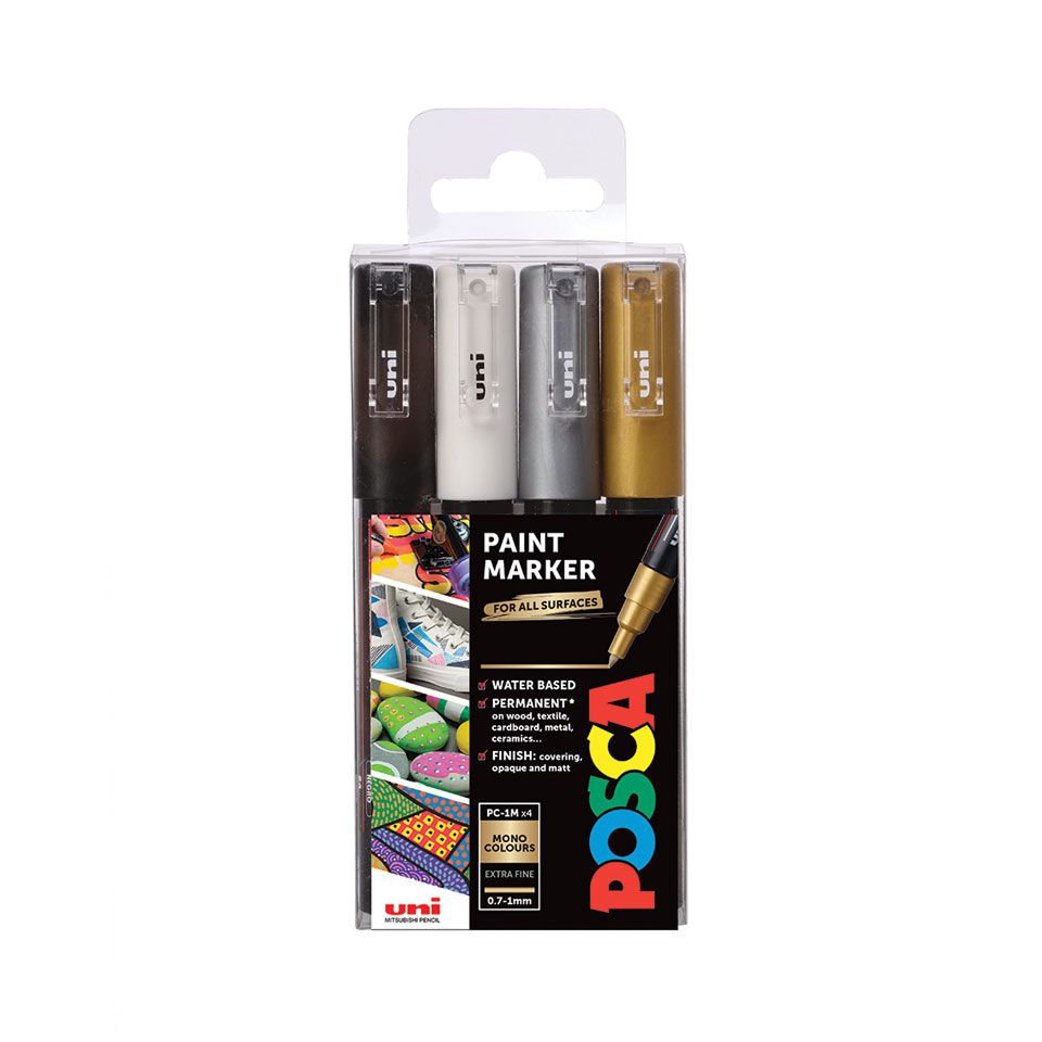 Posca PC-1M Extra Fine Marker Pen Set - Black, Gold, Silver, White - 4 Pack
