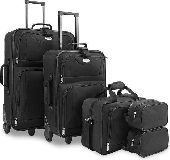 4-delige Monzana Kofferset - 5 delig Trolley Schoudertas Toilettas - Zwart