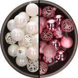 Bellatio Decorations Kerstballen 74x stuks - parelmoer wit en roze - 6 cm - kunststof onbreekbaar