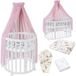 Waldin lit bébé ovale 7-en-1, matelas, roues et étagère, blanc | Ensemble textile rose pour animaux, évolutif, berceau cododo, parc, lit enfant, réglable en hauteur, balancelle optionnelle