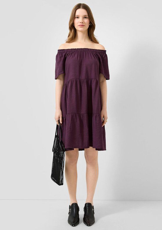 QS s.Oliver Jurk met lange mouwen, off shoulder, kuithoogte, viscose, effen, bordeaux, maat 38