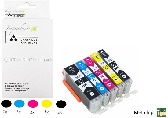 Improducts Â® Huismerk Inktcartridge Alternatief Canon PGI-570 / CLI-571 XL inktcartridge multipack van 5 stuks (1x Canon PGI-570 PGBK zwart, 1x CLI571 BK zwart, 1x CLI571 cyaan, 1x CLI-571 M magenta, 1x CLI-571 Y geel ), met Chip