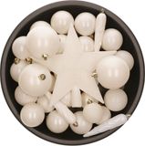 Decoris Kerstballen met Piek - 33 stuks - Kunststof - Wol Wit - 5-6-8 cm