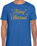 Bellatio Decorations Foute Kersttrui t-shirt - Merry Christmas - blauw - met gouden glitter letters - heren - kerstkleding / kerst outfit L