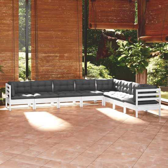 The Living Store Loungeset Tuin - Massief grenenhout - Wit - Hoekbank 63.5x63.5x62.5 cm - Middenbank 63.5x63.5x62.5 cm - Zitkussen 60x60x5 cm - Rugkussen 60x32x5 cm