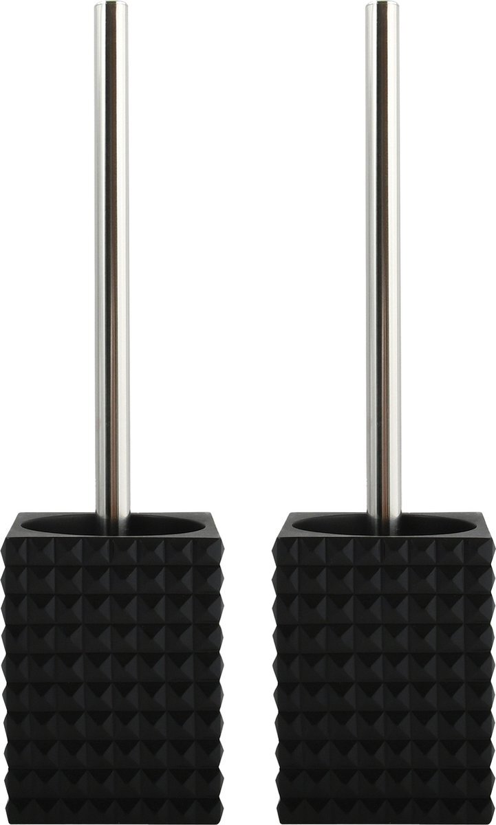 MSV Toiletborstel houder Kubik - 2x - kunststeen - zwart/zilver - 37 x 10 cm - Luxe uitstraling