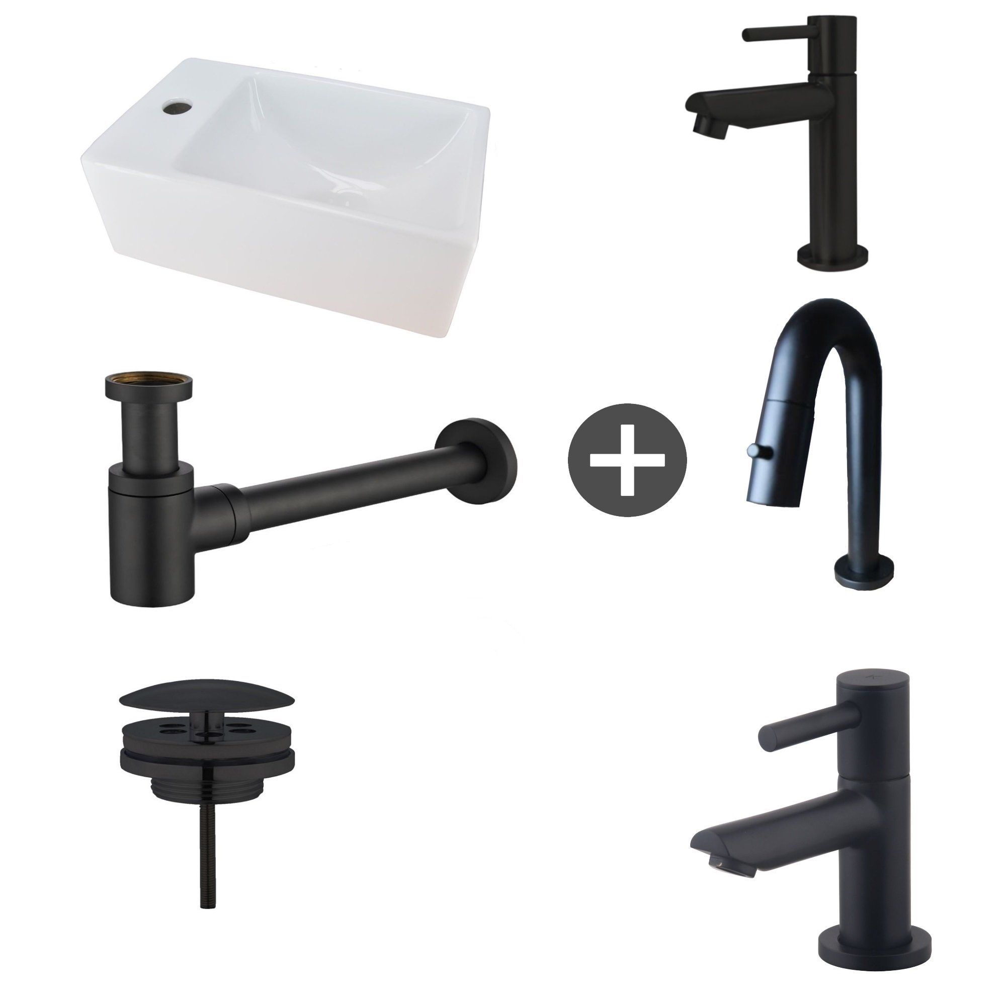 Wiesbaden Fonteinpack rhea xxs links keramiek 30.5x18x11 cm mat zwart (keuze uit 4 kranen)