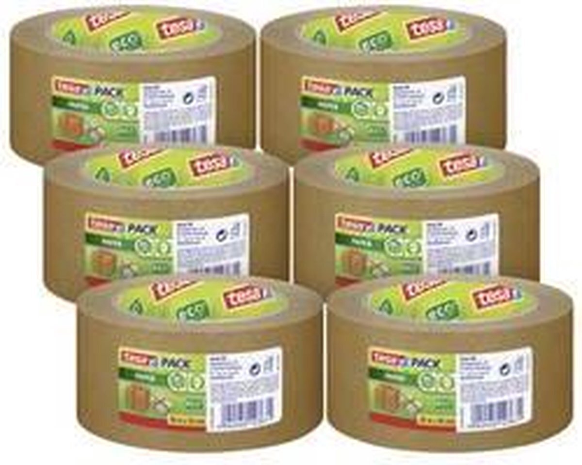 tesa Pack Paper ecoLogo in verpakking van 6 - milieuvriendelijk pakkettape van papier, 60 procent biogebaseerd materiaal - bruin - 6 rollen elk 50 m