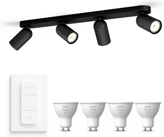 Philips Hue Pongee Opbouwspot (Zwart) - Warmwit Licht - Incl. Hue Dimmer Switch - Plafondspot met 4 Lichtpunten - GU10 - Hue White