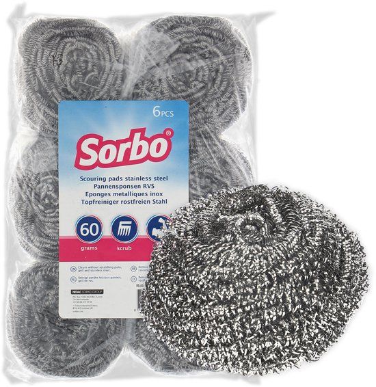 Sorbo Schuurspons Metaal - Set van 6 stuks - RVS Schuursponsjes - 60 gram - Verwijdert hardnekkig vuil