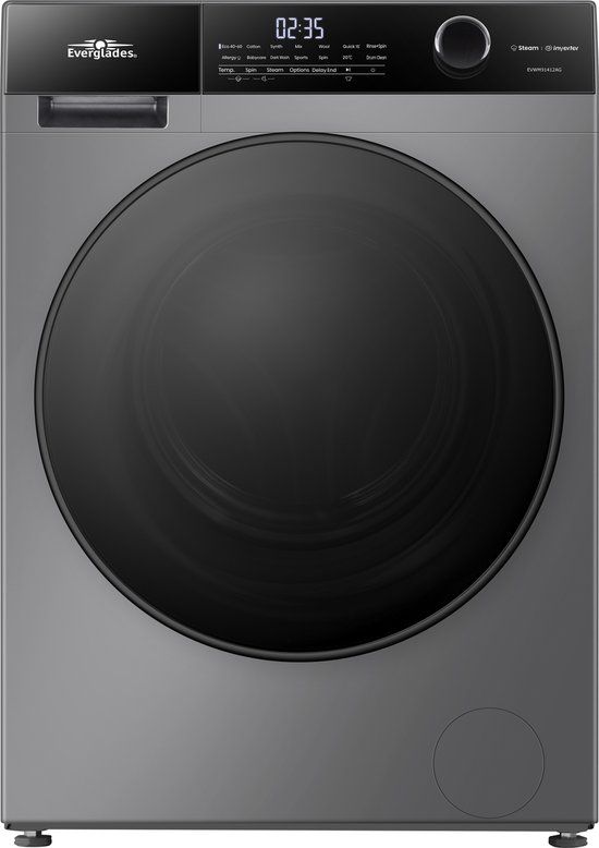 Everglades EVWM91412AG Wasmachine - 9KG - A Klasse - Stoomfuncties/Allergie+ - Koolborstelloze Motor - Zeer Stil 72dB - Titanium Grijs - 5 Jaar Garantie