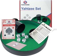 Fleau Djeals.nl Yahtzee + Dobbelsteenbak + kaartenset - Dobbelset - Dobbelbak - Pokerpiste - Pitjesbak - Dobbelspel/Gezelschapsspel voor Kinderen/Volwassenen - Dobbelstenen - Spel - Kunstleer