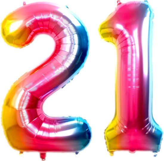 Folie Ballon - Cijfer 21 Jaar - Regenboog - 36cm - Verjaardag