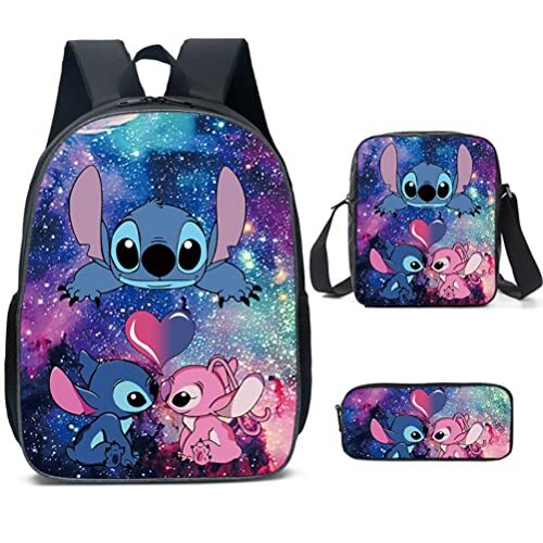 SHANGYE Stitch rugzak met lunchtas etui, 3 stuks Kid boekentassen Set, 3D bedrukte steek rugzakken, reizen rugzakken boek tassen kinderen schooltas