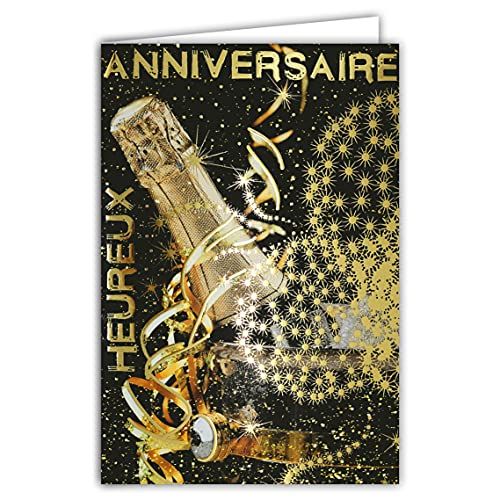 afie Wenskaart voor verjaardag, fles, champagne, wijn, wit, emmer, vuurwerk sterren, goudkleurig, gemaakt in Frankrijk