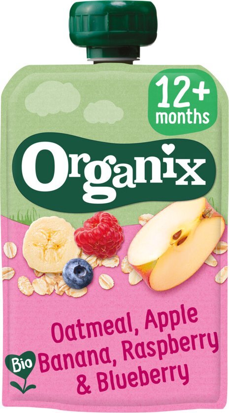 Organix - Knijpfruit - Havermout, Appel, Banaan, Framboos &amp; Bosbes - 12+ maanden - 100 gram