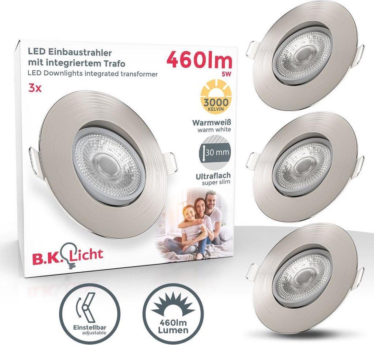B.K.Licht LED Inbouwspots - Set van 3 - Kantelbaar - Ø9cm - 3.000K - 460Lm - 5W - Mat Nikkel