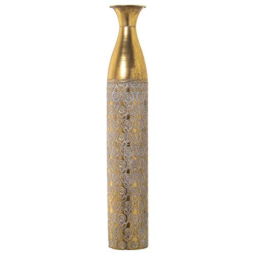 DRW Vloervaas van metaal in goud en wit, 14 x 80 cm