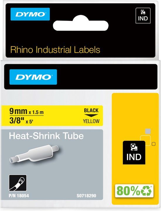 DYMO Rhino Heat-Shrink Tube Labels - 9mm x 1.5m - Black on Yellow