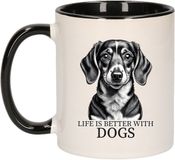 Bellatio Decorations Mok Honden Liefhebbers - Tekkel - Zwart Oor - Pentekening - Keramiek - 300 ml