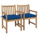 VidaXL Fauteuils de jardin, 2 pièces, avec coussins bleus, teck massif
