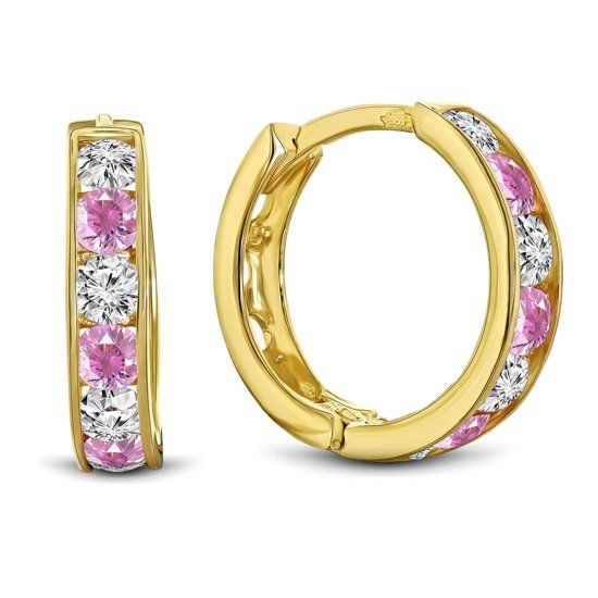 Juwelier Emo - 14KT Geelgouden oorbellen met Roze en Transparante Zirkonia's - 12 mm