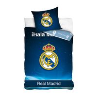 Real Madrid Housse de couette – Lit simple – Taie d'oreiller incluse – Article de fan de football – 140x200cm – Coton – Bleu