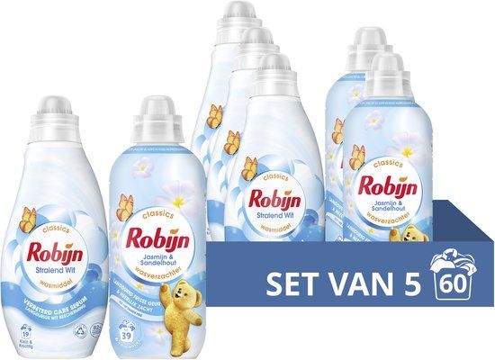 Robijn Perfect Match Wasmiddel en Wasverzachter Pakket - Stralend Wit + Jasmijn & Sandelhout - 60 wasbeurten