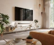 Meuble TV Cuor 250 cm Céramique Patagonia raffinée 1 clapet 1 tiroir Pied optique flottant Verre acrylique