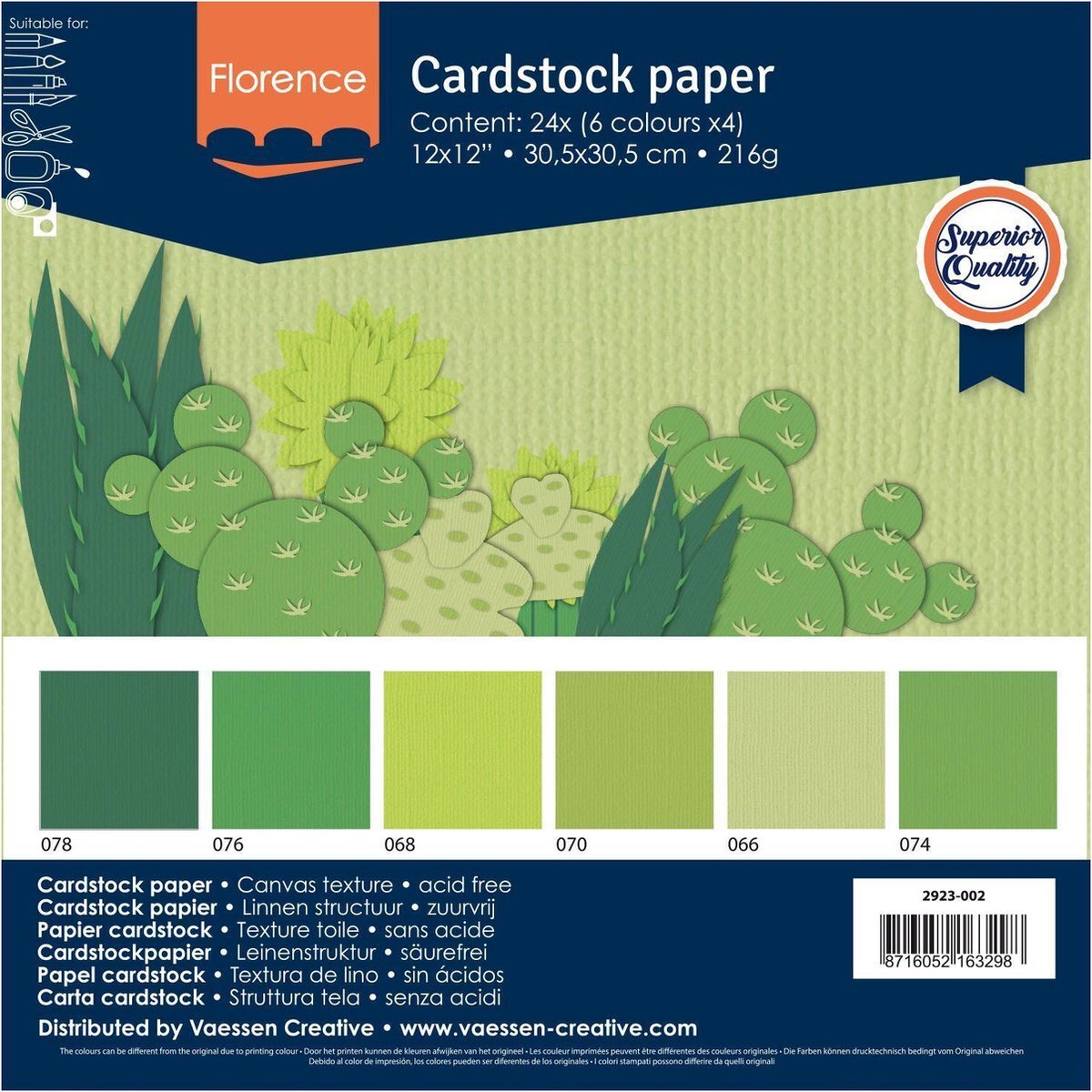 Vaessen Creative Vaessen Creative Cardstock, Stevig Kaartpapier 216g - Groen, 24 Stuks. 30,5 x 30,5 cm
