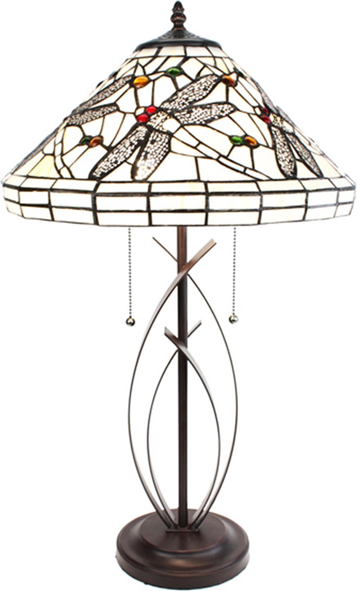 HAES deco - Tiffany Tafellamp Ø 41x69 cm Beige Zwart Glas Metaal Rond Libelle Tiffany Bureaulamp Tiffany Lampen Glas in Lood