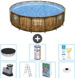Bestway Rond Power Steel Swim Vista Zwembad - Houtprint - 488 x 122 - Inclusief Pomp - Ladder - Afdekzeil - Filter - Verlichting - 8-delig
