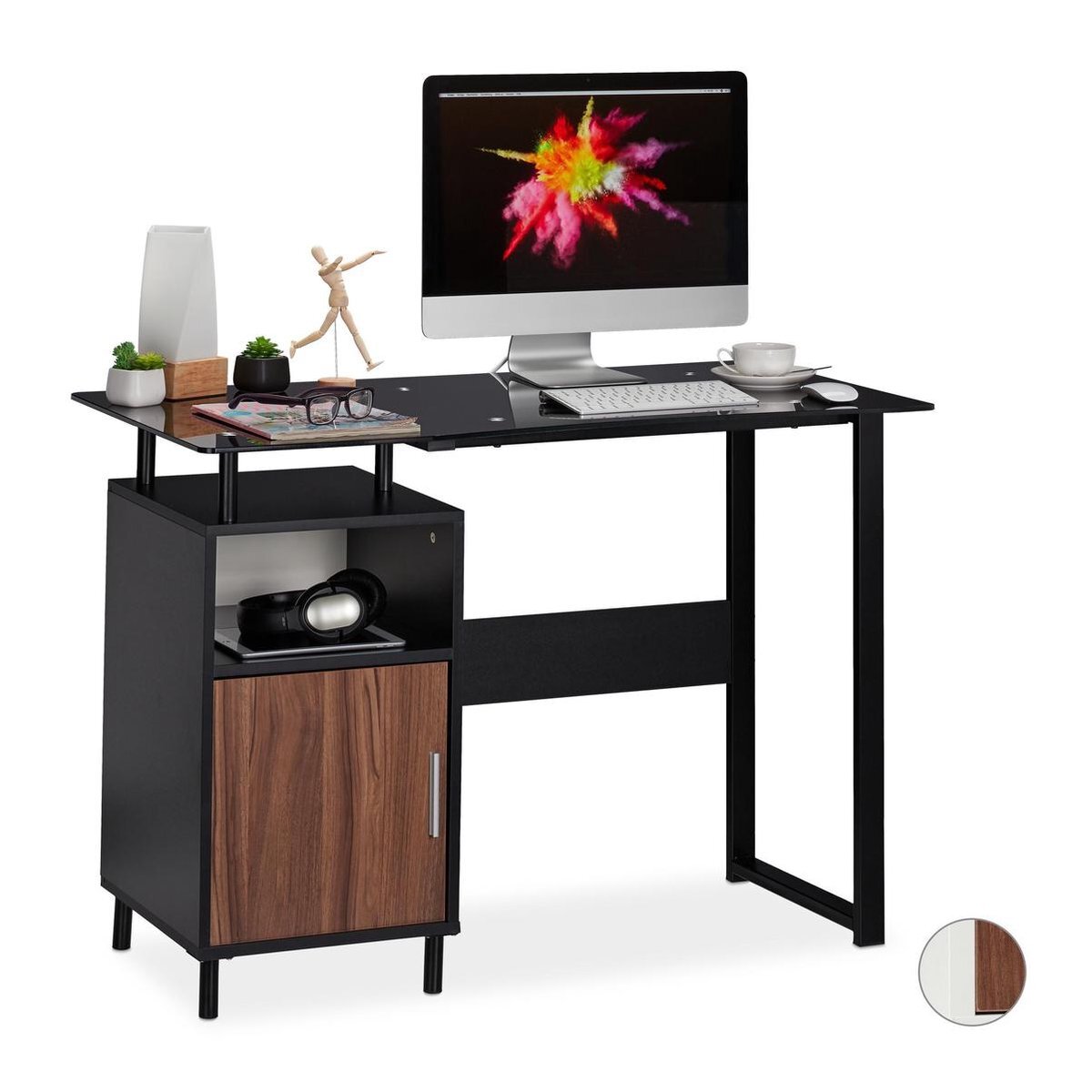 Relaxdays bureau glasplaat - computertafel - laptoptafel 2 vakken - kinderkamer - kantoor