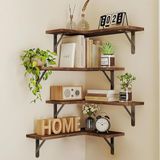 BAKAJI Set van 4 houten hoekplanken, wandgemonteerde hoekplanken, metalen stangen, planken voor slaapkamer, woonkamer, keuken, badkamer, ruimtebesparende boekenkast (eiken)
