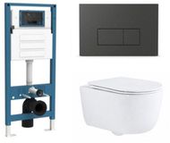 QeramiQ Dely Swirl Toiletset - Hangend toilet - Inbouwreservoir - Zonder spoelrand - Diepspoel - PK afvoer - Dual flush - Slim zitting - Soft-close - Afklikbare zitting - Keramiek - Mat antraciet bedieningsplaat - Glans wit