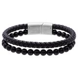 Lucardi - Heren Stainless steel kralenarmband zwart agaat - Armband - Staal - Zilverkleurig - 19 cm
