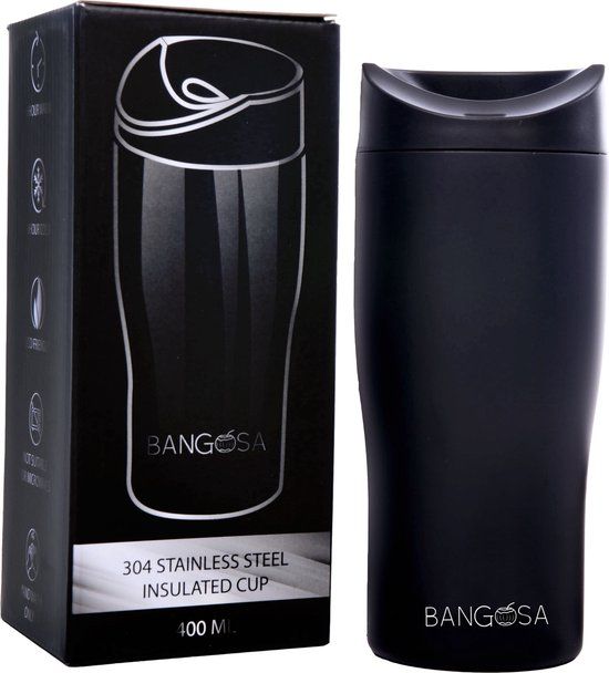 BanGosa Koffiebeker to go - Thermosbeker - RVS 400ml - Mat Zwart