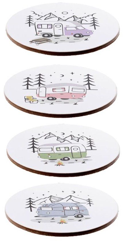 Puckator Wildwood Caravan Onderzetters - Set van 4 - Kurk - 10 cm