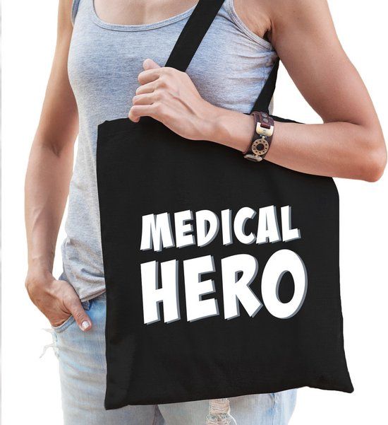 Bellatio Decorations Medical Hero Cotton Tote Bag for Women - Black - Care Personnel Gift