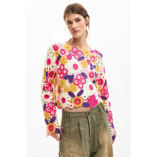 Desigual gebloemde cropped trui roze gehaakt