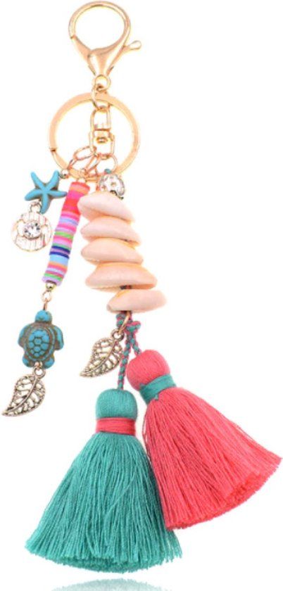 Deja Jewels Lookinggoodtoday Handgemaakte Ibiza sleutelhanger goudkleurig roze turquoise met schelpjes